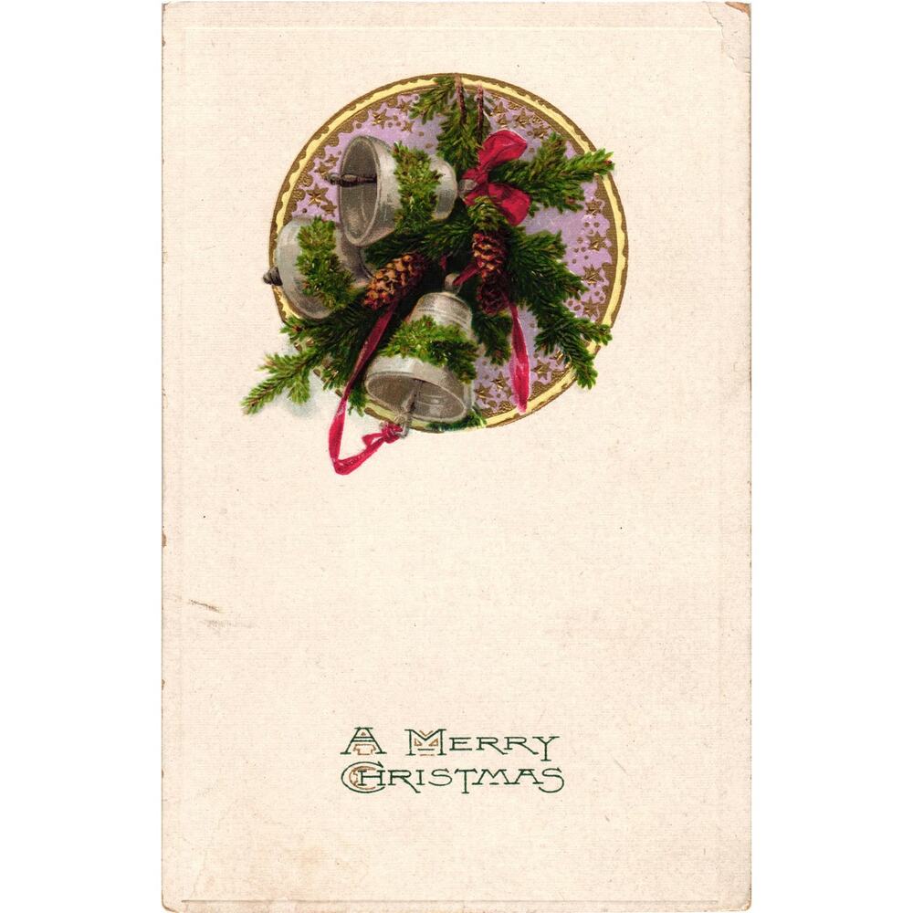 A‎ Merry Christmas Postcard Bells and Pine Boughs Embossed Unposted Germany